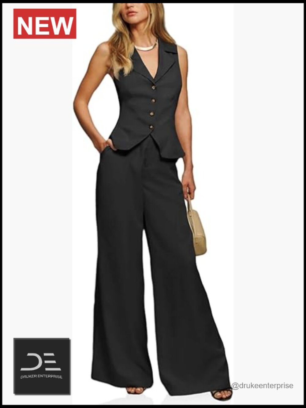 2 Piece Vest and Wide Leg Pant Set Button Crop Blazer Suit